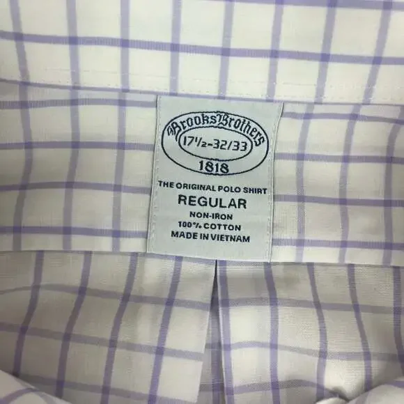 Brooks Brothers Regent Mens Size 17.5 32/33 White Purple Plaid Non Iron - Picture 6 of 11